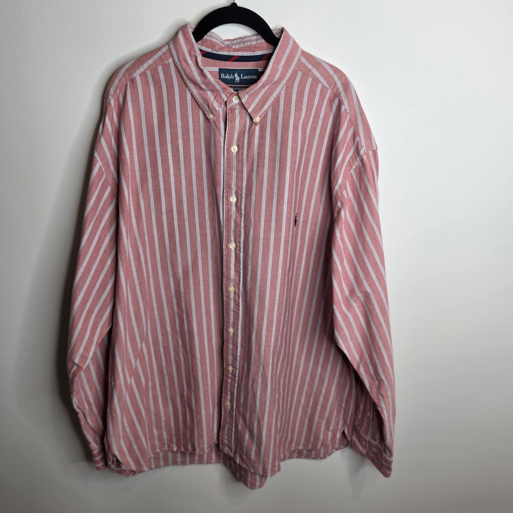 Ralph Lauren Button Down Shirt Mens 2XB Classic Fit Red White Striped Oxford